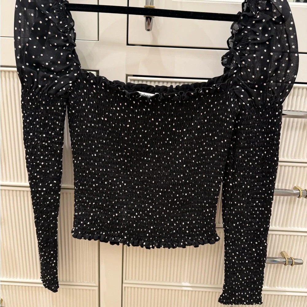 Reformation Black Polka Dot Smocked Square-Neck Top